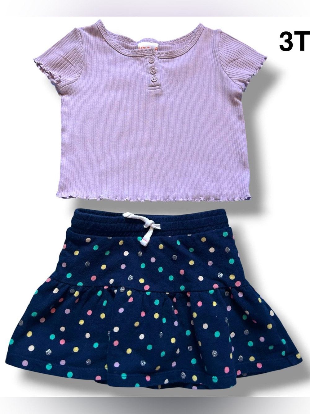 Jumping Beans Girls Lavender Ribbed Top and Navy Polka Dot Skort Set Size 3T